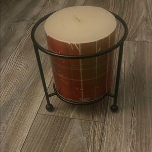 Pottery Barn Red and Cream Pillar Candle with Black Metal Stand